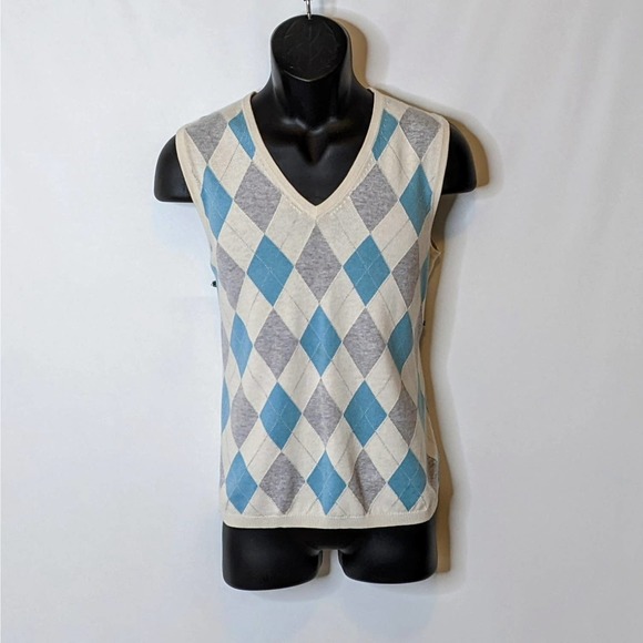 Brooks Brothers Cotton/Cashmere Turquoise/Gray/Cream Sweater Vest Unisex Size L - Picture 1 of 5